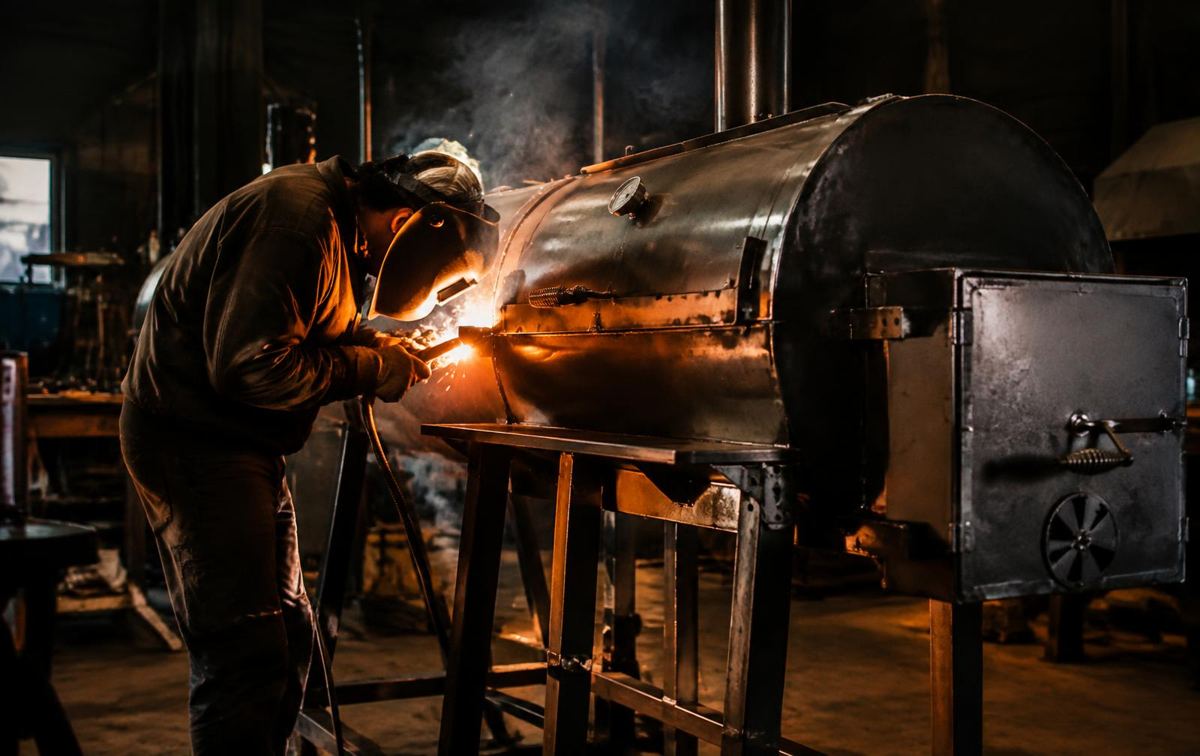 RNK BBQ GRILL fabricator welding a steel smoker body